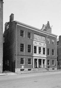 A black-and-white historic photo of the front of the Peale Center
