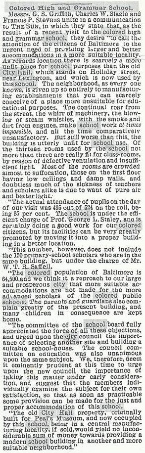 Baltimore Sun article on "The Colored School," 1885.