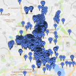 A map of Baltimore, showing hundreds of pins, indicating the locations of stories. 