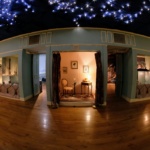 A fish-eye view of the inside of the Peale Center, with twinkling lights.