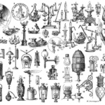 A black and white drawing dozens of types of gaslights