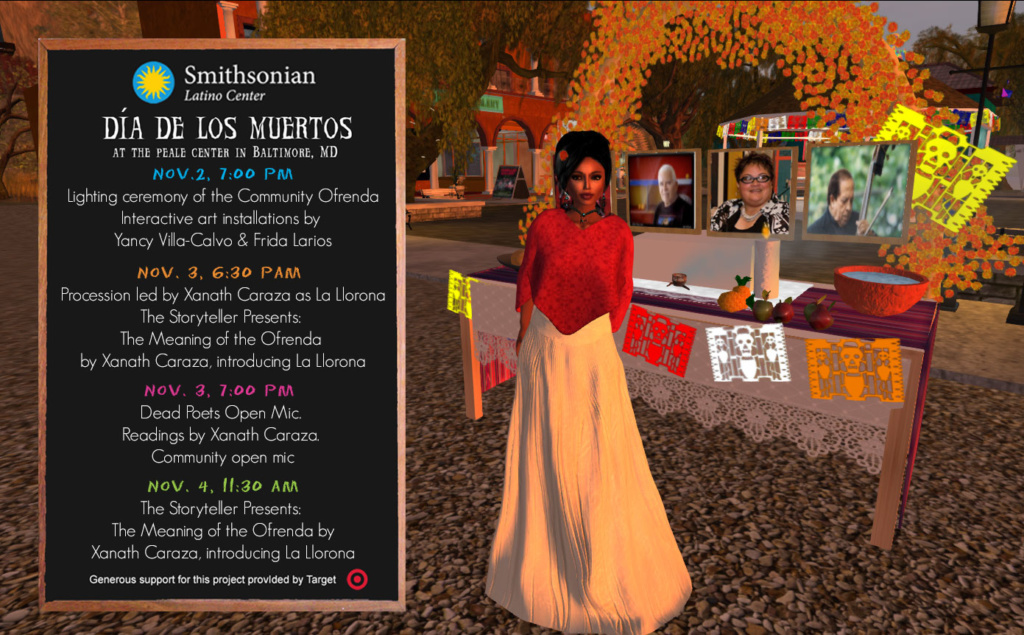 An advertisement for the Day of the Dead event, featuring a listing of events and an avatar of woman in a red and white dress.