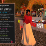 An advertisement for the Day of the Dead event, featuring a listing of events and an avatar of woman in a red and white dress.