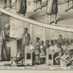 A lithograph of African American school children in a classroom environment, from the 19th century. 15th Amendment parade, detail