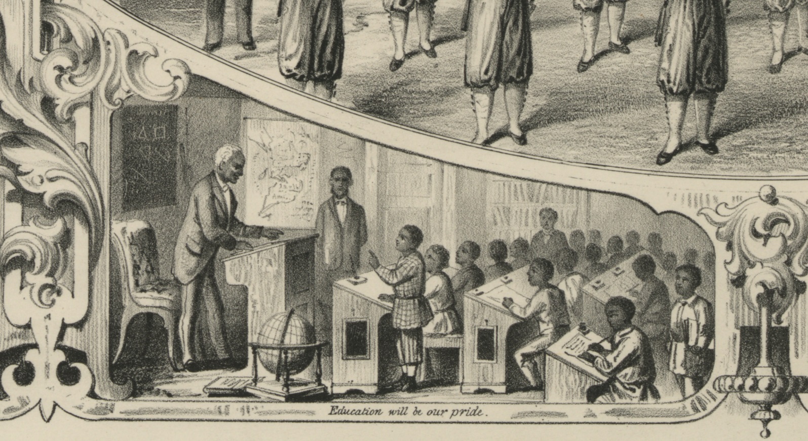 A lithograph of African American school children in a classroom environment, from the 19th century. 15th Amendment parade, detail