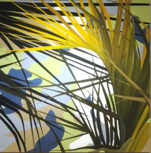 Painting of a jungle scene with palm leaves and shadows. 