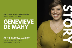 A green graphic showing a woman smiling and the details of a storytelling workshop. 