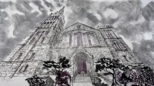 Detailed black-and-white drawing of a church as seen from the ground and toward the spire. 