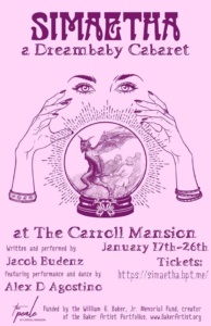 A pink poster with a mystical woman looking into a crystal ball. 