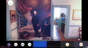 A screenshot from a virtual tour that shows a painting of a man, Charles Willson Peale, pulling back a curtain to reveal a museum-like room.