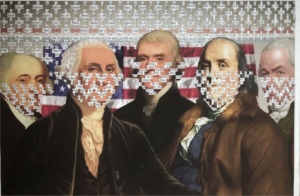 A mixed-media artwork that shows the Founding Fathers with a quilt-like layer word-patches over their faces.