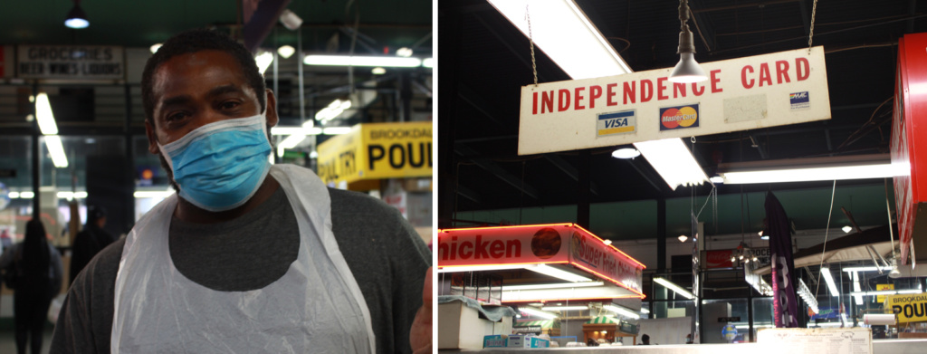 A vintage aerial view of the Lexington Market with a long, metal roof.