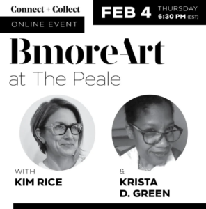 Black and white graphic that has circular photos of Kim Rice and Krista Green, along with the text, Collect + Connect Online Event, February 4, 6:30pm