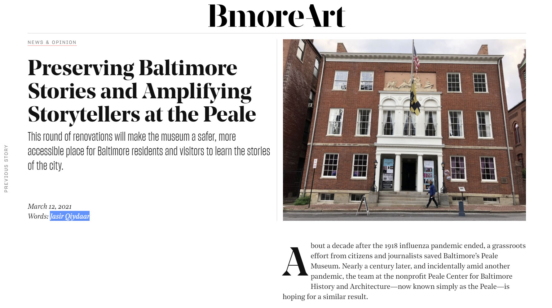 A screenshot of a webpage featuring a new article about the Peale in BmoreArt.