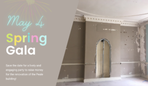 On the right, an image of a rounded niche in an old room with grand moulding and plasterwork, and on the left the words, May 4: Spring Gala, Save the date.