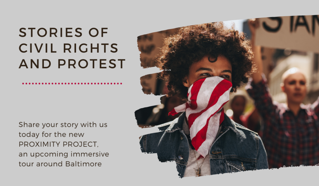 On the left, text that reads, Stories of Civil Rights and Protest, and on the right, a photo of a woman at a protest wearing an American flag mask.