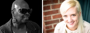 On the left, A woman with large earrings, a blazer, and dark glasses looks off to the side as she sits in front of a black background. On the right, Robin wears a white shirt, has cropped blonde hair on one side, and stands in front of a brick wall.