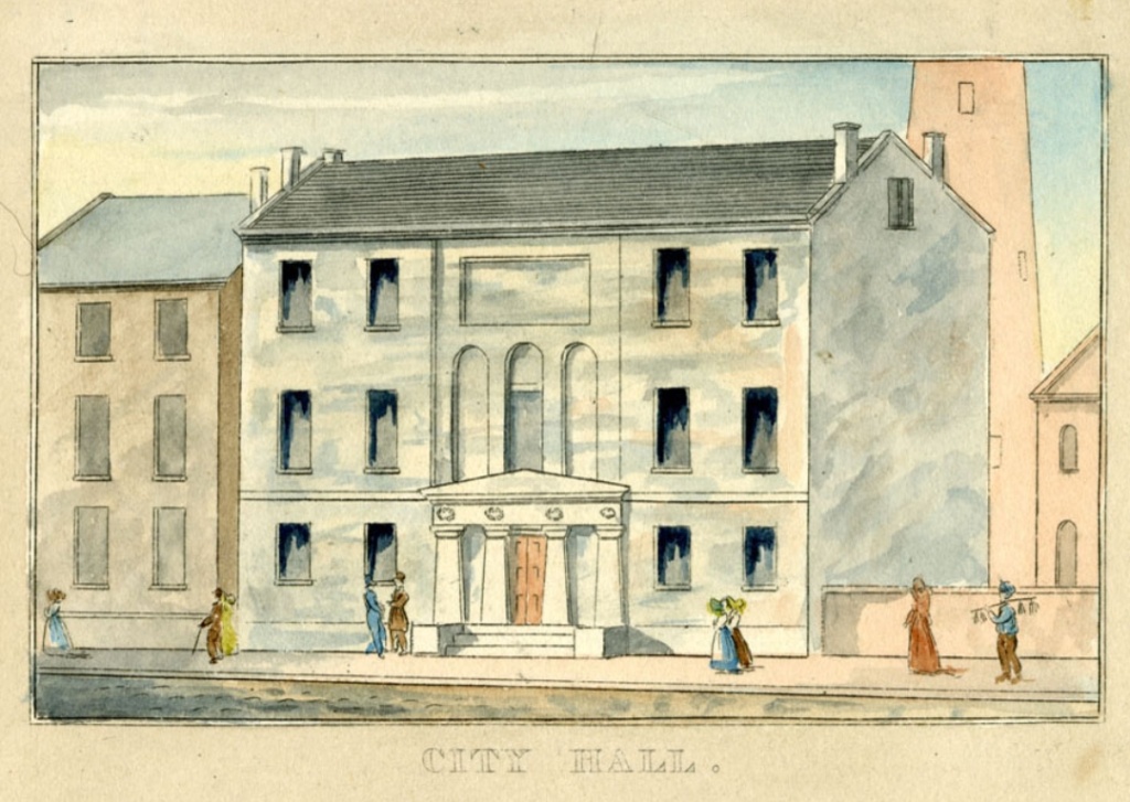 A watercolor of the Peale Museum as City Hall, painted in the 19th century