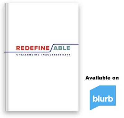 A screenshot of the Redefine/Able book cover and the Blurb publishing logo in a blue square.