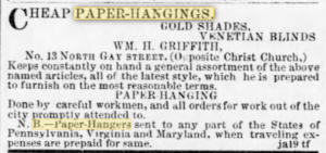19th century advertisements for paper hangers featured in Baltimore newspapers.