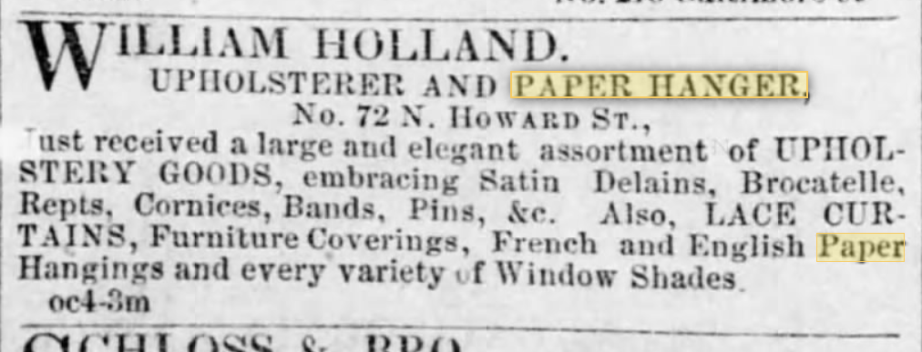19th century advertisements for paper hangers featured in Baltimore newspapers.