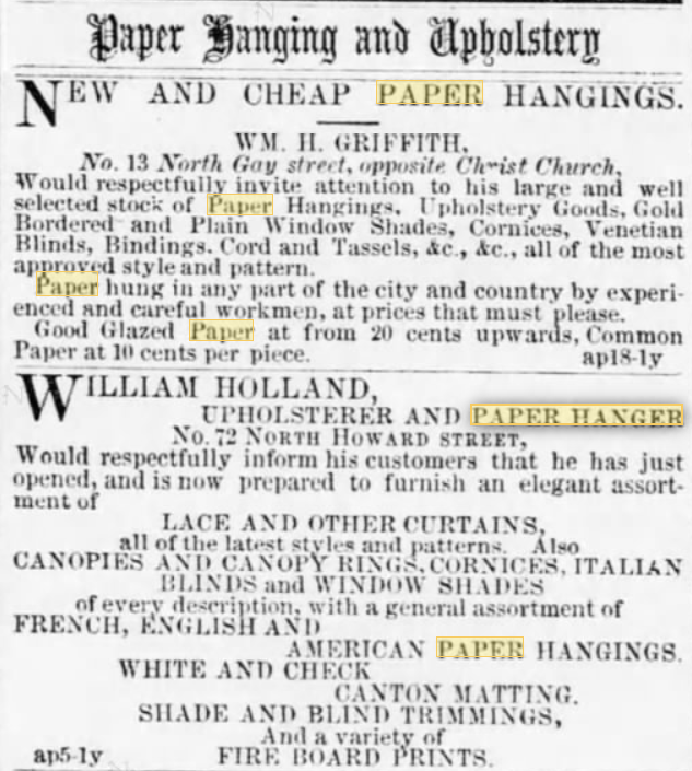19th century advertisements for paper hangers featured in Baltimore newspapers.