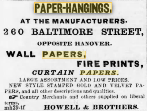 19th century advertisements for paper hangers featured in Baltimore newspapers.