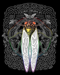 An artistic graphic rendering of a cicada bug with white wings on a black background.