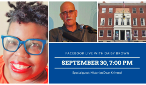 Three photos, on the left is Daisy Brown wearing bright blue glasses and in the center is Dean Krimmel, wearing a dark shirt and Buddy Holly glasses. On the right, is a photo of the brick facade of the Peale.