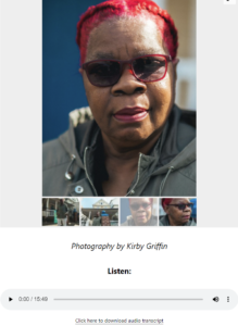 A screenshot from The Guardians exhibition website that shows a portrait of a woman with red hair and red glasses.