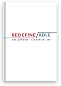 A white book jacket with the words, RedefineAble on the cover in red and teal, green font.