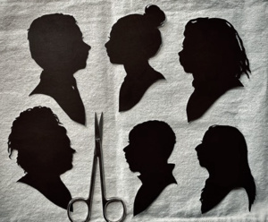 Six small profile portraits on a piece of white linen, with a pair of small scissors in the bottom left corner.