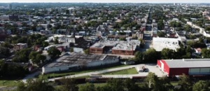An aerial view of a Baltimore cityscape.