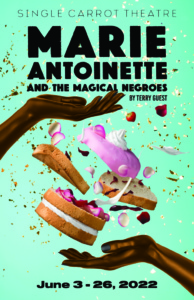 A poster that shows two hands throwing up pieces of cake and other sweets. The words Marie Antoinette appear in black font at the top of the poster.