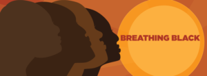 A brown, black, orange and gold graphic showing profile faces in silhouette.