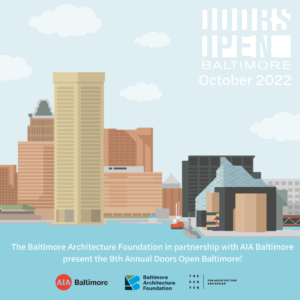 Doors Open Baltimore graphic with skyline of the city and partner logos.