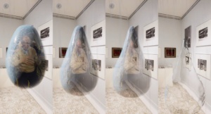 A work of art by Lynn Cazabon that features large projected water droplets in a gallery.