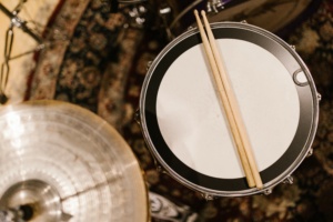 Close up view of drums and cymbols.