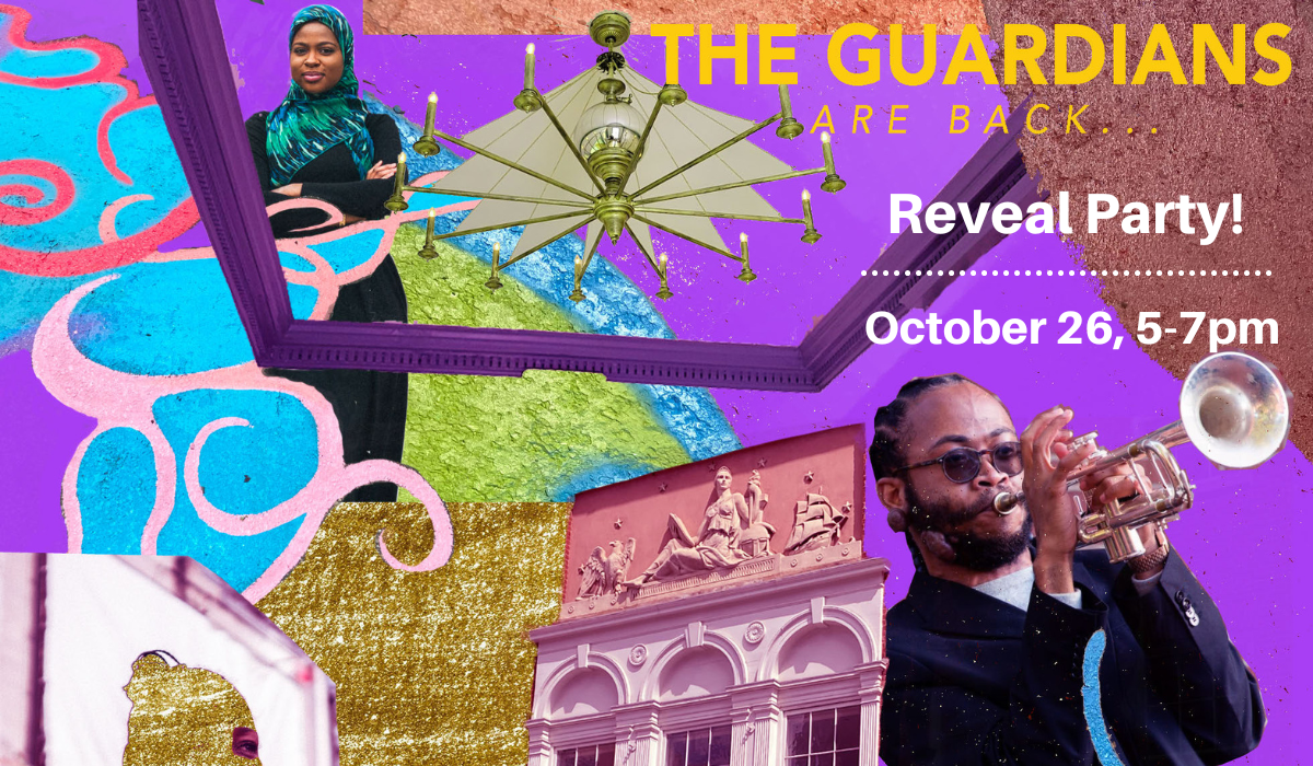 A colorful collage of pink and green cutouts with the words, The Guardians are back in gold.