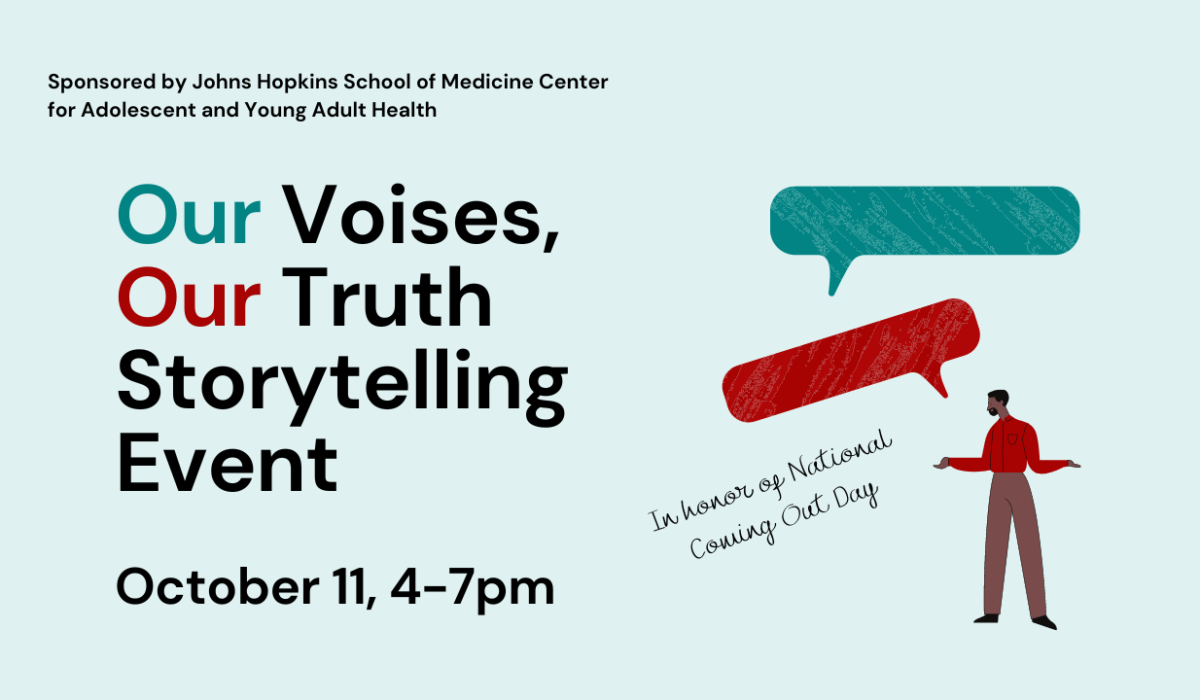 A cartoon of a man with his arms raised as if asking a question, along with the words, Our Voises, Our Truth