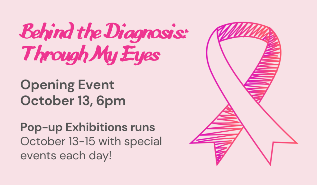 A pink breast cancer awareness ribbon with the words, Behind the Diagnosis: Through My Eyes in script font.